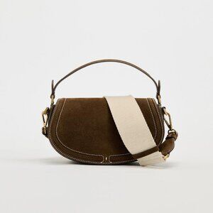 ZARA SUEDE CROSSBODY BAG WITH FLAP CHOCOLATE DARK BROWN